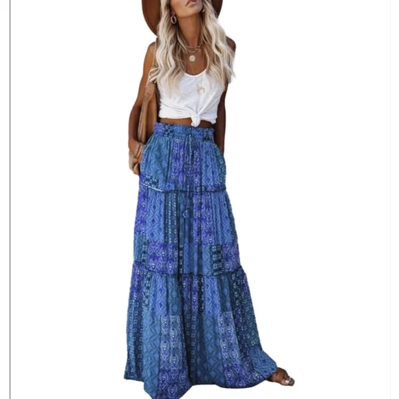 Boho Maxi Skirt Blue Patchwork Print 70s Hippie Style - Picture 2 of 9